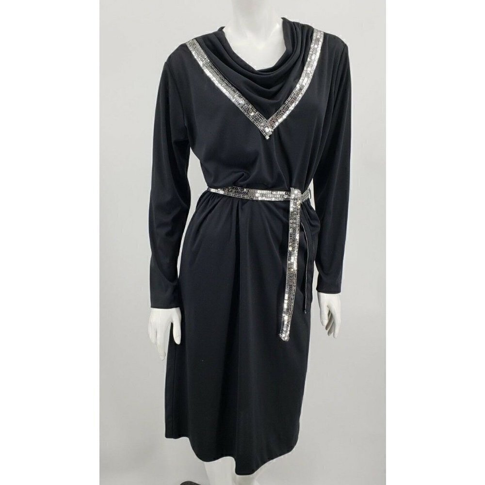 Vintage Mr Winn California by Teddi Black Dress Size 12 Silver Sequin Belt
